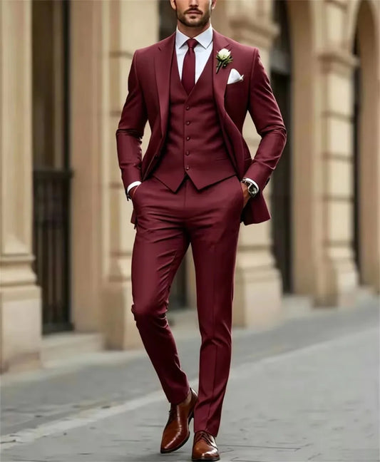 New Burgundy Men Business Suit Groom Groomsman Wedding Party Formal Male Tuxedos 3 Piece Set Blazer Vest Pants for Prom Banquet