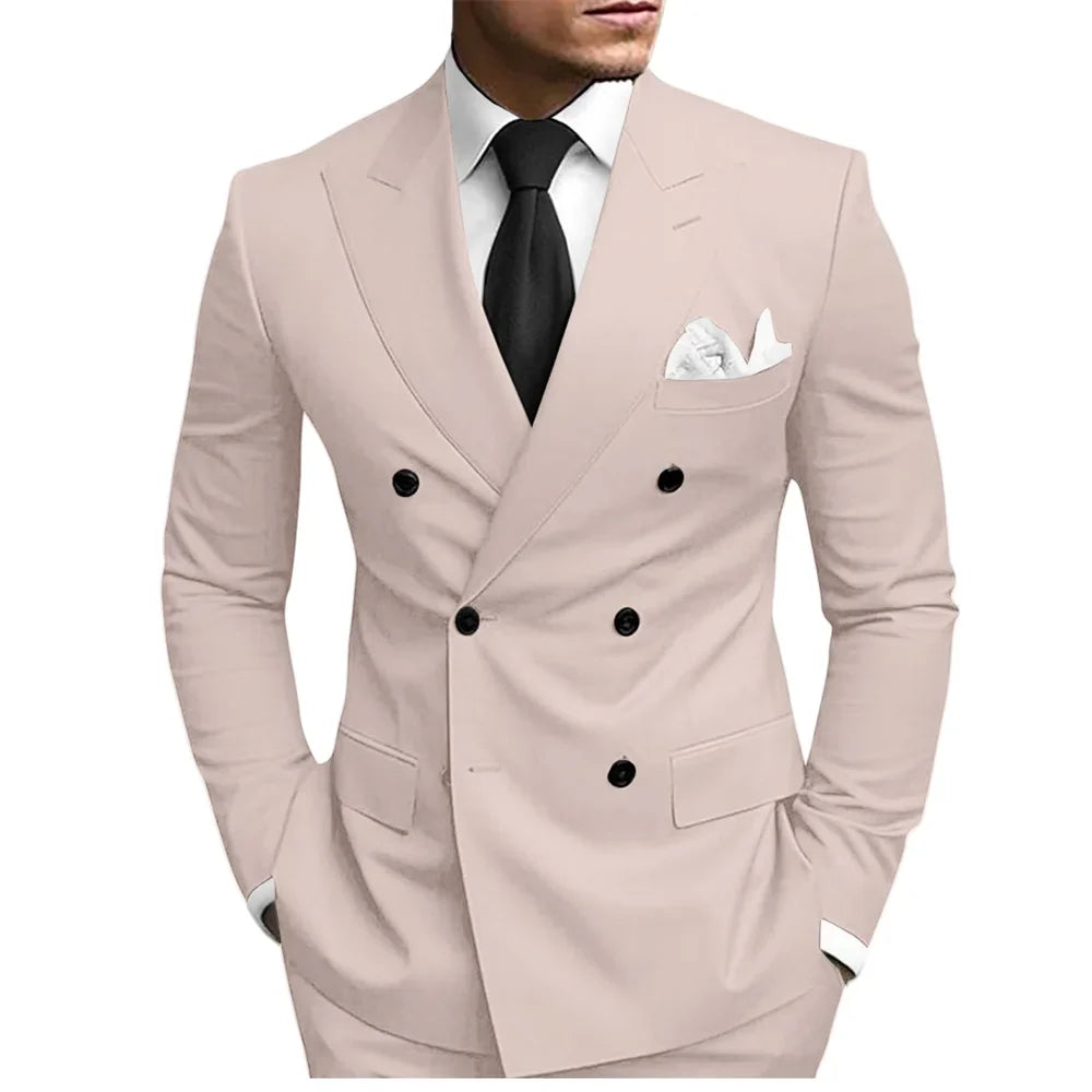 Classic Solid Suit Set 2 Pieces Jacket Pants For Men Wedding Groom Sets Double Breasted Men's Suits Banquet Tuxedo Wear XS-5XL