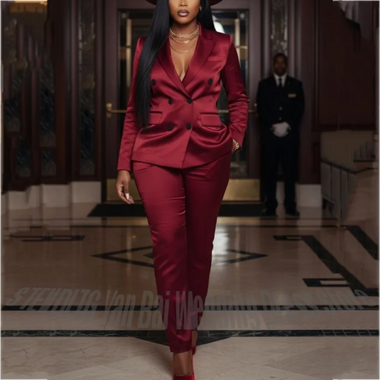 Vintage Satin Peaked Lapel Women Suit Slim Fit Elegant Double Breasted Formal Outfit Customized Female Clothes Set 2 Piece