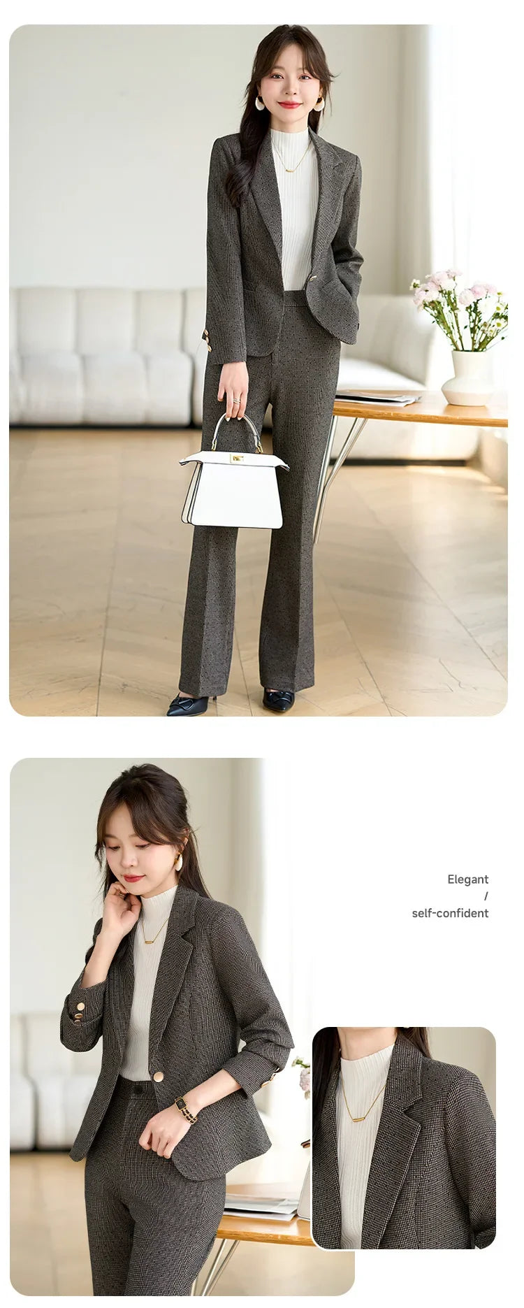 2024 Autumn Winter New Retro Plaid Woolen Blazer Coat And High Waist Flare Pant Two Piece Set Women's Suit Business Clothing