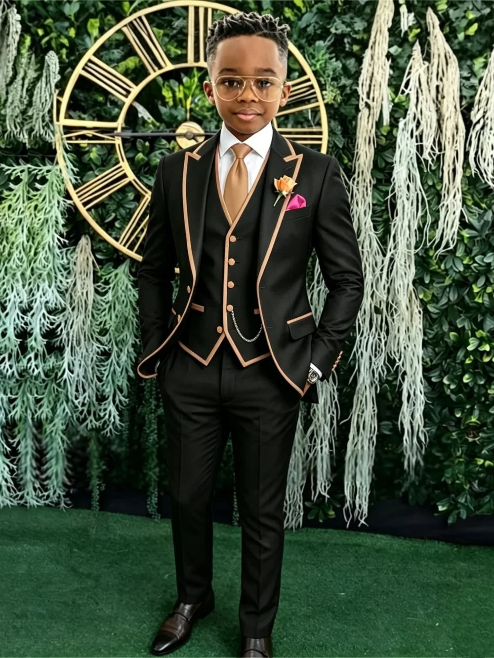 Hot Sale Boys Slim Fit Suits 3 Pieces Banquet Party Wear Smart Elegant Kids Suit Set Wedding Ring Bearer Outfit Plus Size Tuxedo