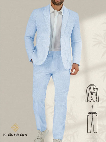 Men's Slim Fit Seersucker 2-Piece Suit Set – Blue Striped Smart Casual & Wedding
