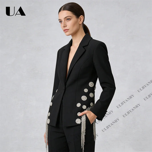 2026 Spring New Women Blazer with Crystal Circular Embellishments and Fringe Chains Fashionable Suit Blazer