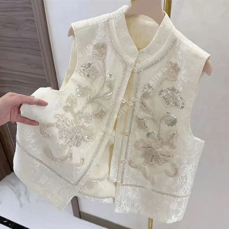 High-end Femme Embroidery Vest Outwear Spring Summer Women Solid Color Waistcoat Coat Ladies Nail Bead Glitter Sleeveless Jacket