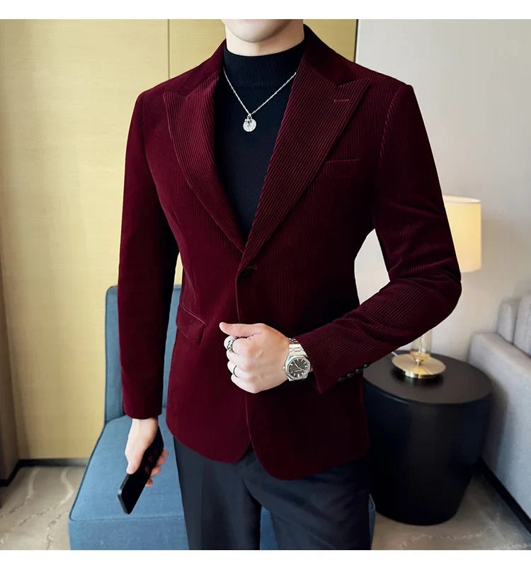 Corduroy Stripe Suit Jacket For Men Autumn Winter Business Slim Fit Tailcoat Formal Wedding Party Fashion Casual Suit Coat 4XL-M