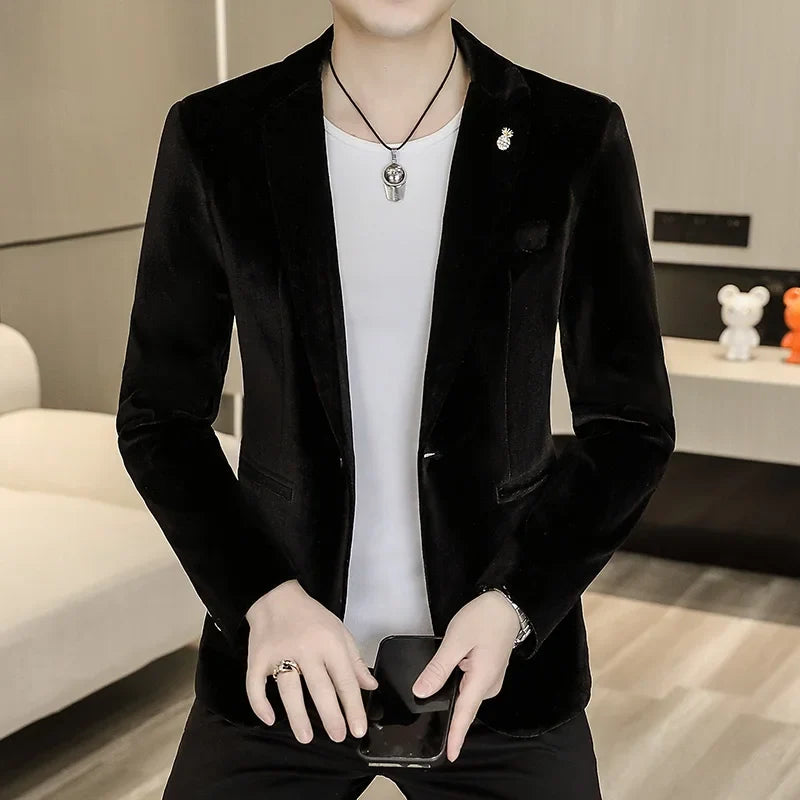 Blazer: An Outdoor Fashion Business Gentleman Wedding Host Slim-fit Casual Korean-style Youthful Men's Golden Velvet Blazer
