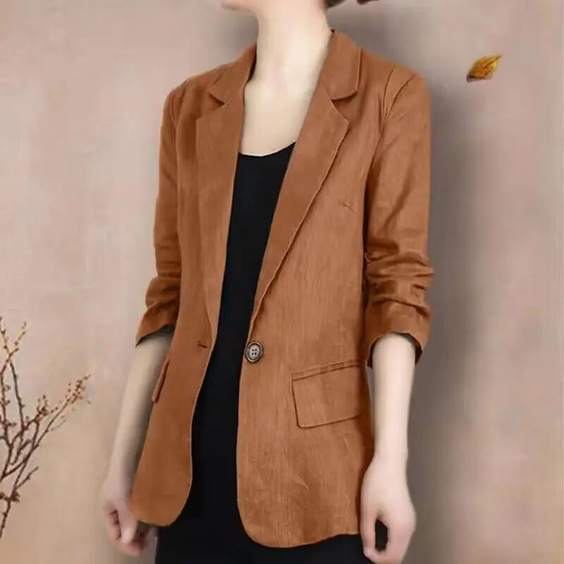 Women's Linen Blazer Casual Slim Fit Single Button Notched Lapel Lightweight Suit Jacket