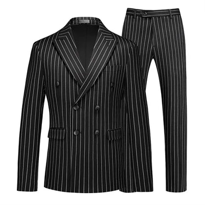 Fashion Men Double Breasted Striped Suit 2 Piece Black / Wine Red Homme Business Social Wedding Party Blazers and Trousers