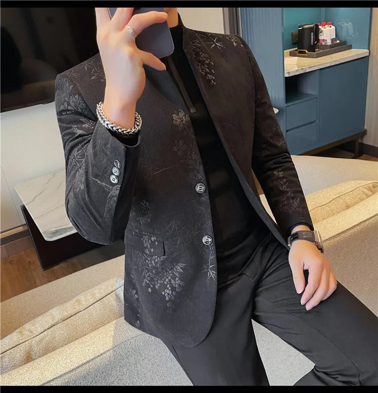 2025 Spring Trendy Jacquard Suit Jacket Men Stand Up Collar Casual Blazers Slim Wedding Business Streetwear Social Dress Coats