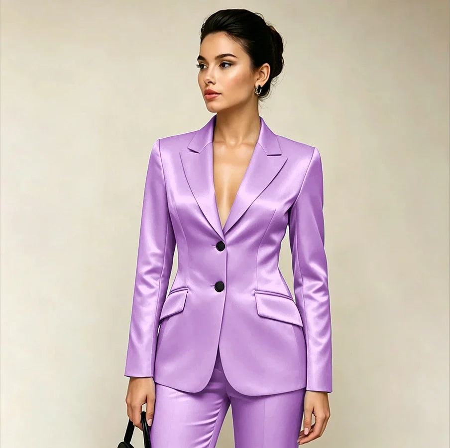 Professional Women’s Black Satin Suit Two Piece (Jacket+Pants) Set for Elegant Formal Party Office Streetwear Fashion Outfit