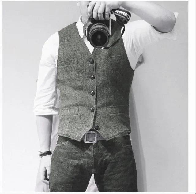 Men's Waistcoat Herringbone Wool Blend V-Neck Single Breasted Vest for Weddings and Smart Casual