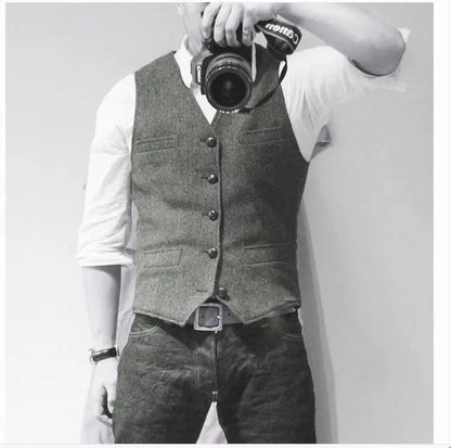 Men's Waistcoat Herringbone Wool Blend V-Neck Single Breasted Vest for Weddings and Smart Casual