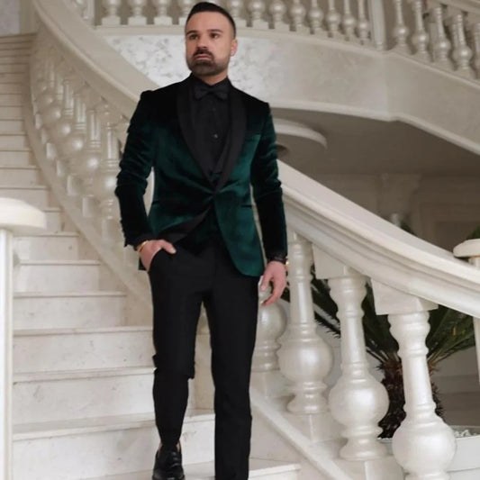 Men's Slim Fit 2-Piece Suit – Green Velvet & Black Shawl Lapel | Wedding & Groomsmen