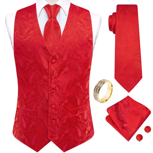 Men's Vest 5-Piece Set Bright Red Paisley V-Neck Single Breasted for Wedding & Gala