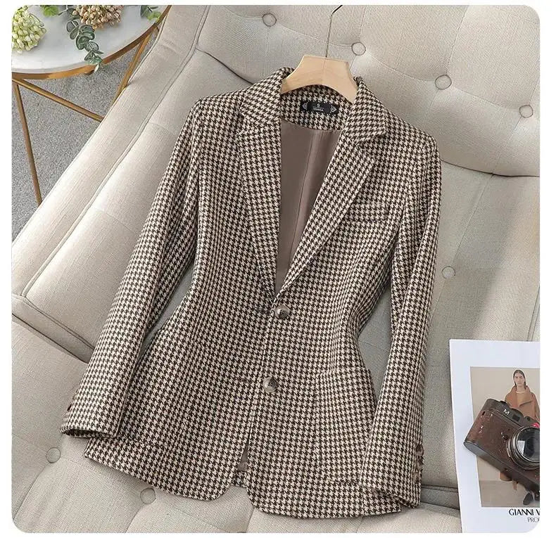 Women Office Ladies Single Breasted Slim Blazer Coat Autumn Winter Fashion Plaid Temperament Long Sleeved Elegant Tops Vacation