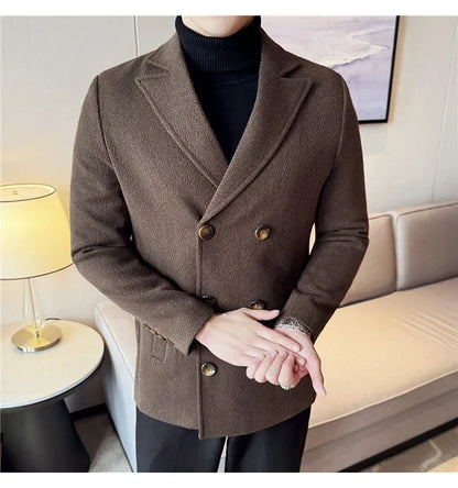 British Style Autumn Winter Thick Double Breasted Woolen Coats High Quality Men Business Casual Warm Suit Jackets Men Clothing