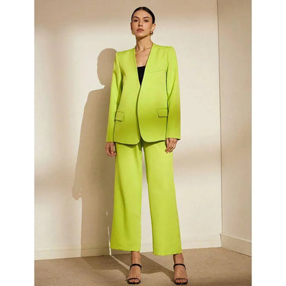 Chic Green V Neck Without Buckle Women Pants Set High-end Female Two Pieces(Jacket+Trousers)أطقم بناطيل