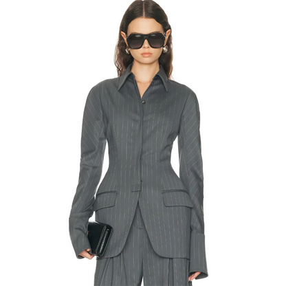 Chic Grey Pinstripe Women's Blazers and Suit Sets Tailored Slim Fit 2 Piece Set Jacket Wide Leg Pants Formal Office Lady Outfit