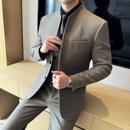 Men's 3-Piece Slim Fit Stand Collar Suit – Wedding, Prom & Office Formal Set
