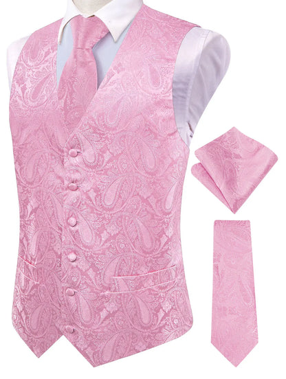 Men's Paisley Jacquard Suit Vest – V-Neck 6-Button Waistcoat with Tie & Pocket Square for Weddings