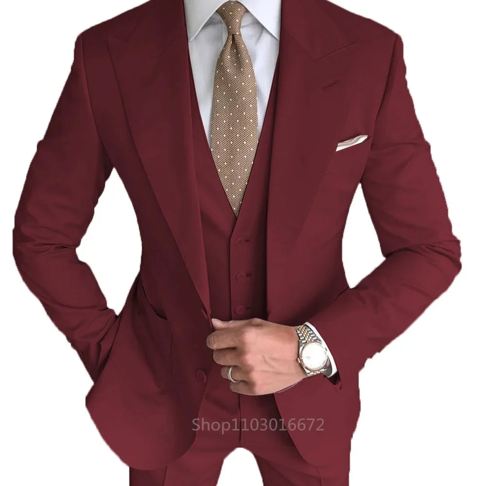 Formal Men's Groom Tuxedos Three-Piece Peak Lapel Suit Solid Jacket Vest Pants Party Prom Daily Casual Tuxedo Business Men Suits