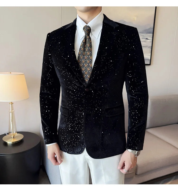 2025 Autumn New Velvet Jacket Men's Blazer Business Fashion Hot Stamping Printed Suit Jacket High-quality Luxury Dress Suit