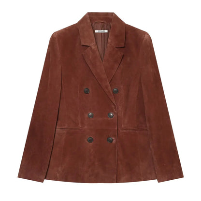 Vintage Women's Suede Texture Slim Blazer 2026 Autumn Double Breasted Lapel Suit Jacket Female Elegant Office Coat Outerwear