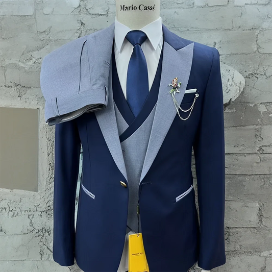 Navy blue Men's Suit, Gray Collar Pants Vest 3 Piece Suit, Wedding Tuxedo for Groom, Custom Size, High quality Blazer