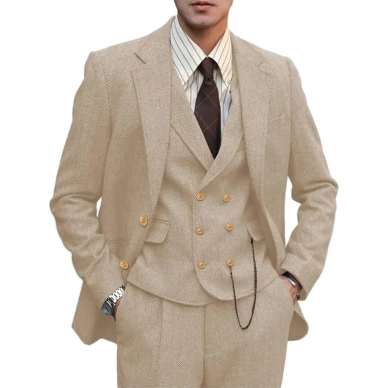 Hot Sale Men's Three-Piece Suit Herringbone Slim-Fit Business Casual 3 Piece Set Banquet Wedding Suit Formal Blazer Dress Jacket
