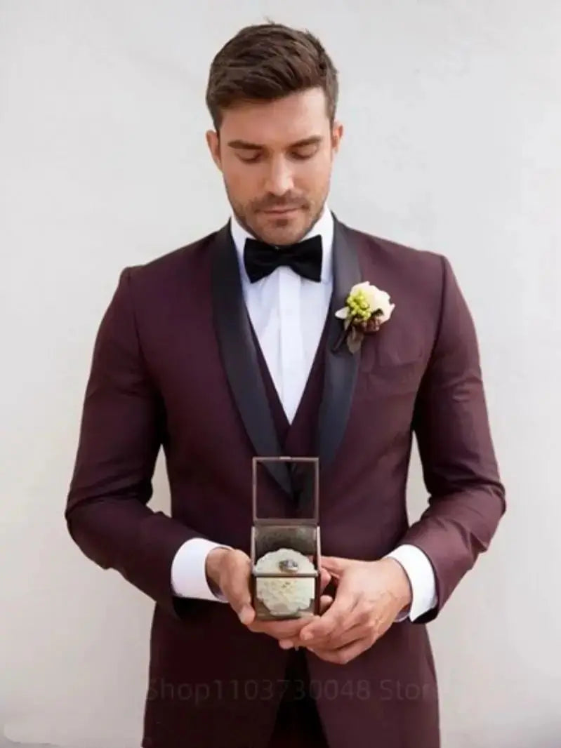 Classic Style 3 Piece Slim Fit Dark Burgundy Men's Tuxedo Suit Shawl Lapel Single Breasted Blazer Vest Pants Set for Party Groom