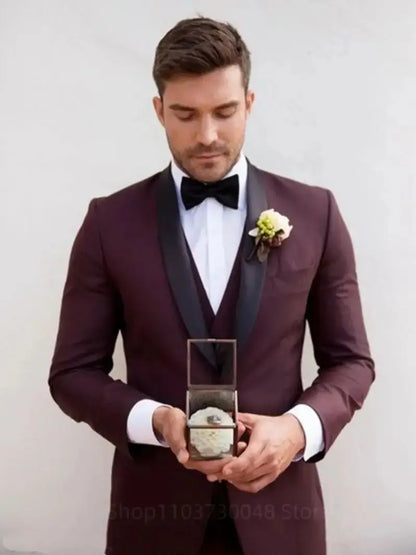 Classic Style 3 Piece Slim Fit Dark Burgundy Men's Tuxedo Suit Shawl Lapel Single Breasted Blazer Vest Pants Set for Party Groom