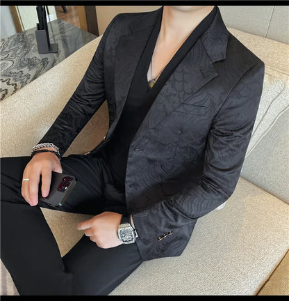 Luxury Jacquard Casual Suit Jacket for Men Autumn Korean Fashion Business Social Blazers Handsome Office Wedding Dress Jacket