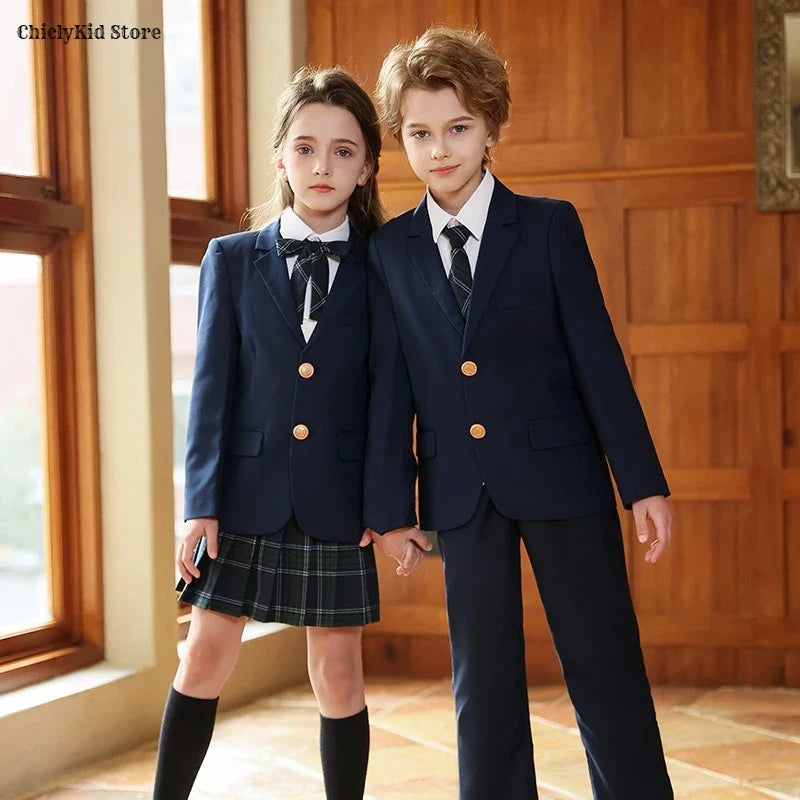 Girls Jacket Plaid Skirts Suits Boys Blazer Formal Dress Toddler Student Clothes Sets Children School Uniform Kids Class Outfits