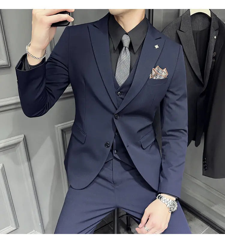 Men's 3 Piece Suit Set Double‑Button Slim Fit Solid Color Business Casual Wedding Party Jacket Vest Pants Formal Outfit for Men