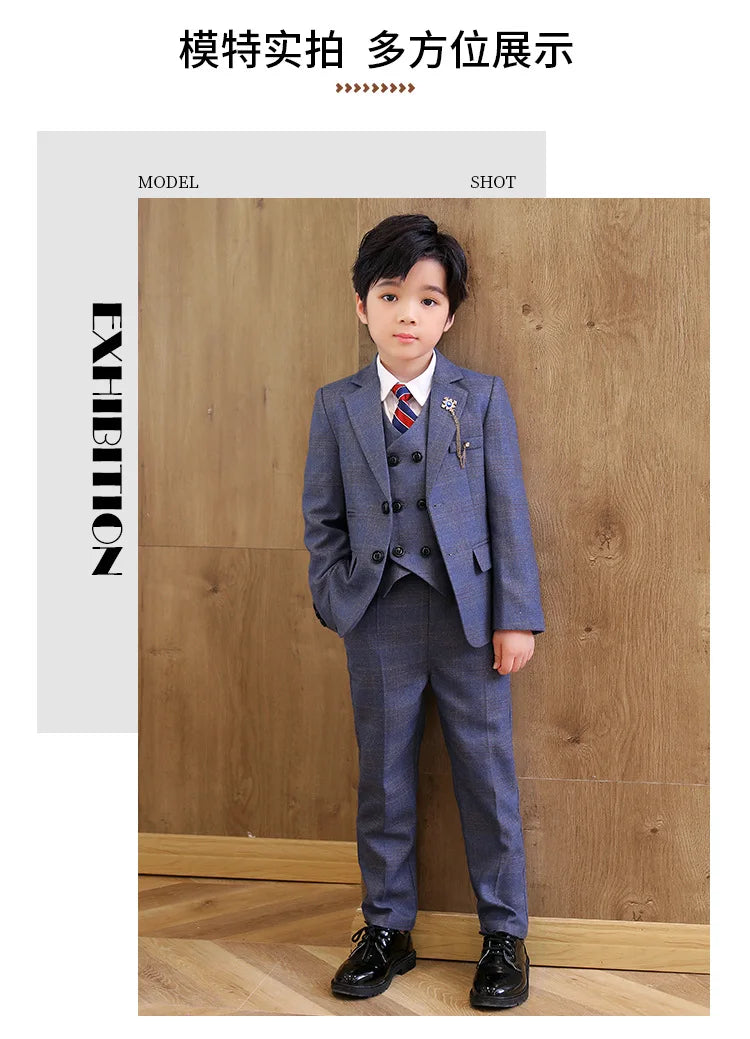 High Quality Boys Plaid Wedding Suits Kids Morning Coat Formal Dress Child Tuxedos Blazer Clothes Sets Toddler School Uniforms