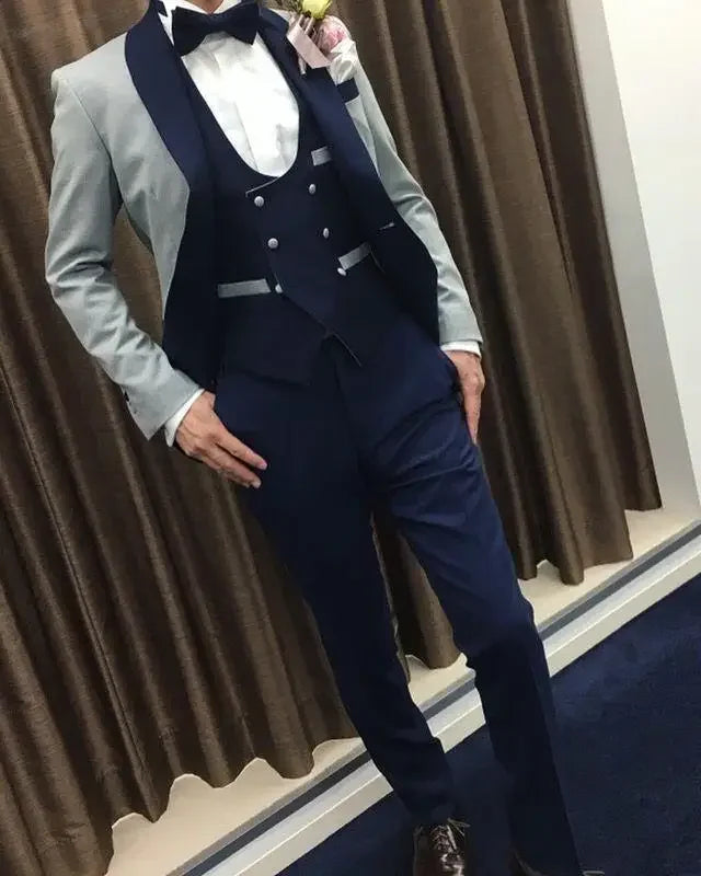 Light Grey Jacket Royal Blue Vest Pant Men Suit Slim Fit 3 Piece Tuxedo Costume Homme Groom Wedding Suits Terno Masculino