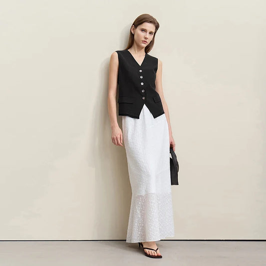 Amii V-Neck Women's Vest Top 2026 Summer New Single Breasted Chiffon Patchwork Hem Sleeveless Blouse Casual Short Tank 12622042