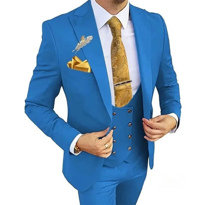 3 Piece Slim Fit Men's Suits Double Breasted Gold Button Blazer Vest Pants Set Wedding Formal Wear for Groomsmen