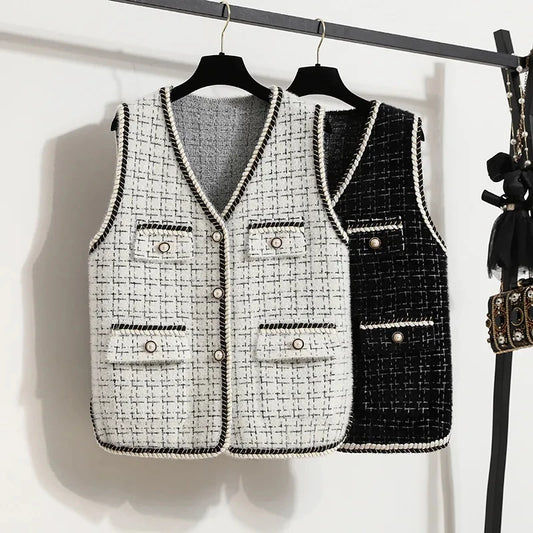 Women's Contrast Knitted Vest New Autumn Short Sleeveless Jacket V-neck Single Breasted Waistcoat Female Coats Chaleco Mujer