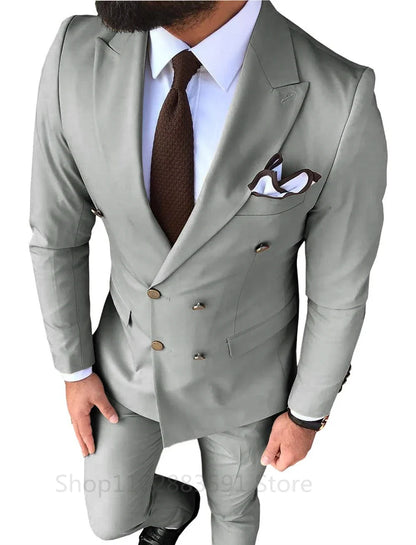 New Solid Men's Suit 2 Pieces Double-breasted Peak Lapel Slim Fit Casual Tuxedos For Wedding/Business 2 Piece Blazer+Pant