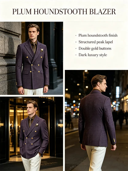 Men's Houndstooth Double Breasted Blazer Vintage Slim Jacket  Fit Formal Business Wedding Party Coat For Men Autumn Winter