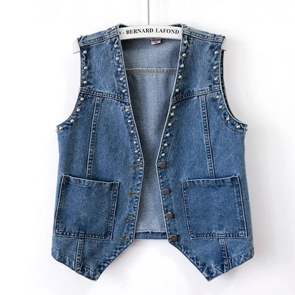 2023 Spring Summer Denim Jacket V-neck Women Vest Coat Female Rivet Sleeveless Short Jeans Jackets Cowboy Waistcoat