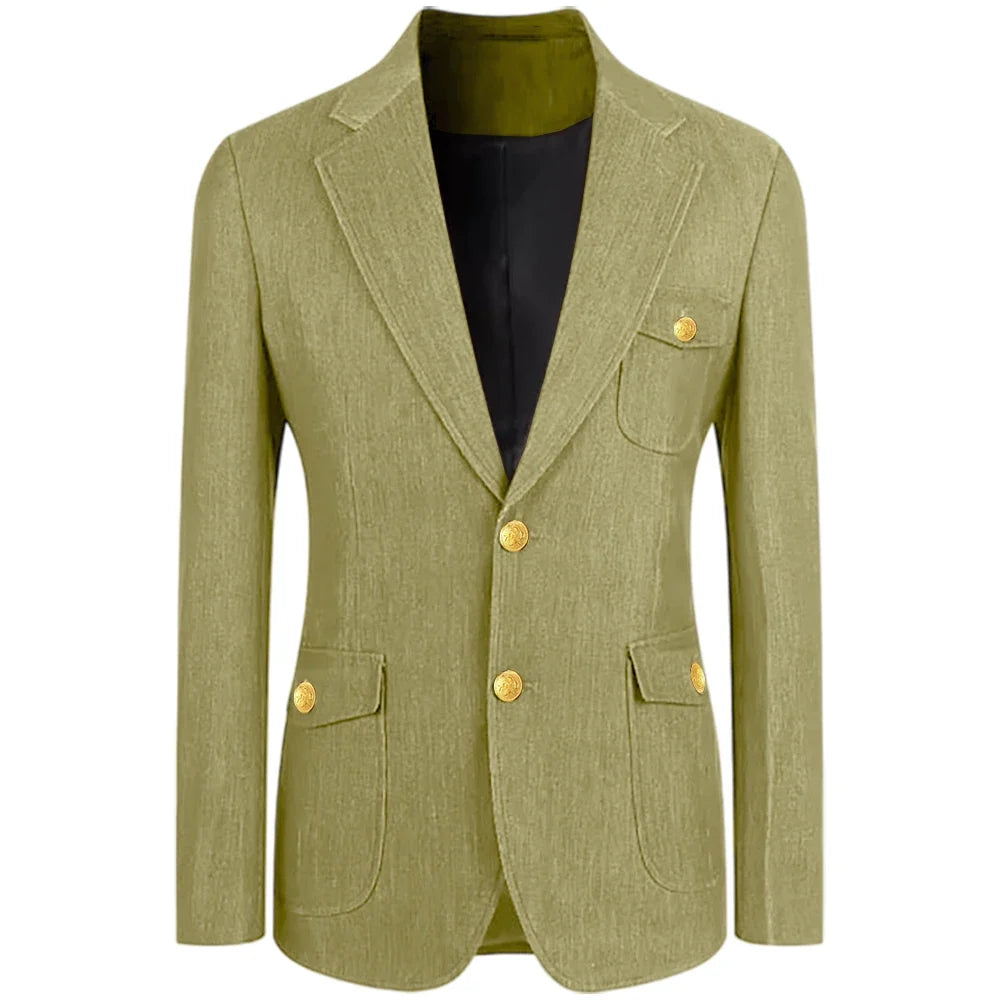 Men's Denim Suit Jacket Classic Notched Lapel Slim Fit Gold Buttons Multiple Pockets Formal Blazer Business Casual Daily Wear