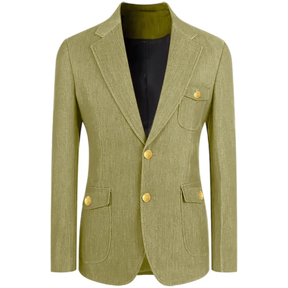 Men's Denim Suit Jacket Classic Notched Lapel Slim Fit Gold Buttons Multiple Pockets Formal Blazer Business Casual Daily Wear