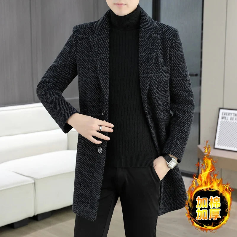 High-quality winter men's fashionable and stylish woolen overcoat, suit collar, mid-length windbreaker, woolen coat