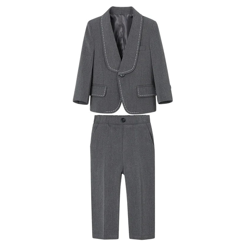 Children's Beige Blazer Set Kids Formal Wedding Birthday Party Suit Set Boys Jacket Vest Pants Bowtie Brooch 5Pieces Clothes Set