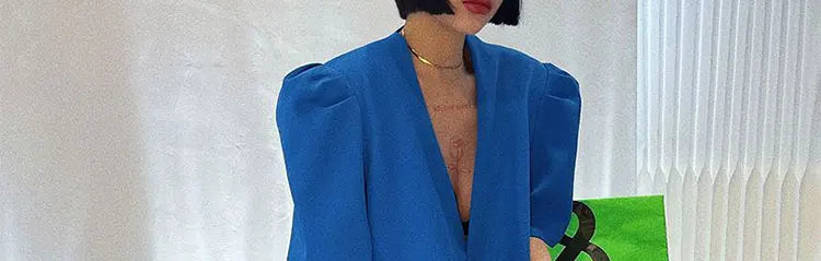 Loose Fit One Button Bubble Sve V Ne Women's Suiting Top Korean Design Summer Casual Versatile Faion Polyester