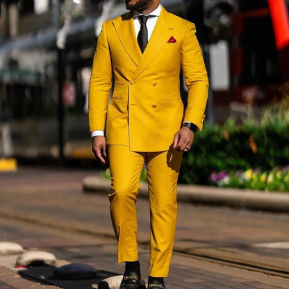 Men Suit Yellow 2 Pieces Double Breasted Solid With Lapel For Wedding Groom Banquet Party Prom Business Work Office Jacket Pants