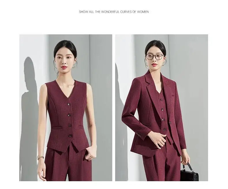 Formal Office Lady Slim Fit 2 Piece Suits Autumn Dark Brown Single Button Blazer And Pants Elegant Business Female Work Wear