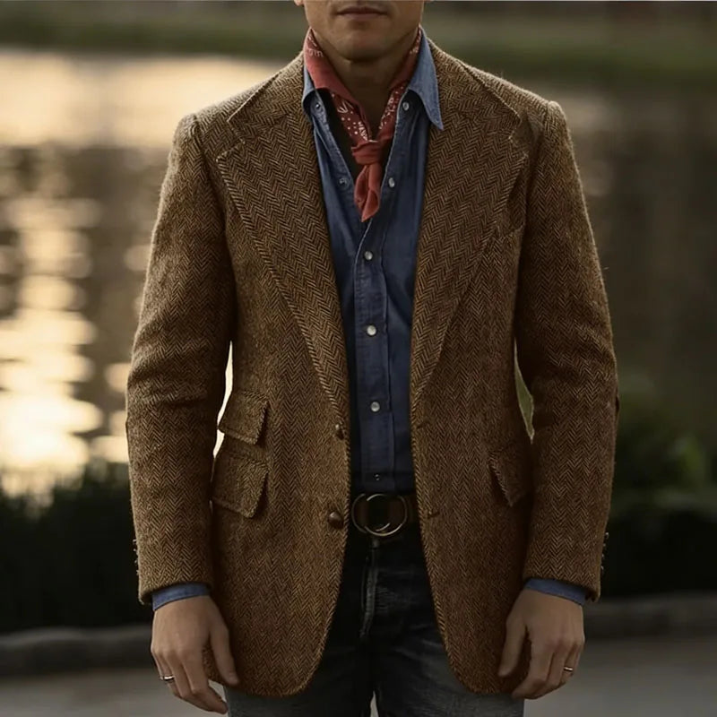 Men's Herringbone Tweed Blazer – Wool Blend, Classic British Style, Business & Wedding
